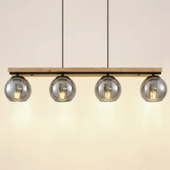 Lindby hanglamp Enrique, smoke, 4-lamps, glas, hout, E27