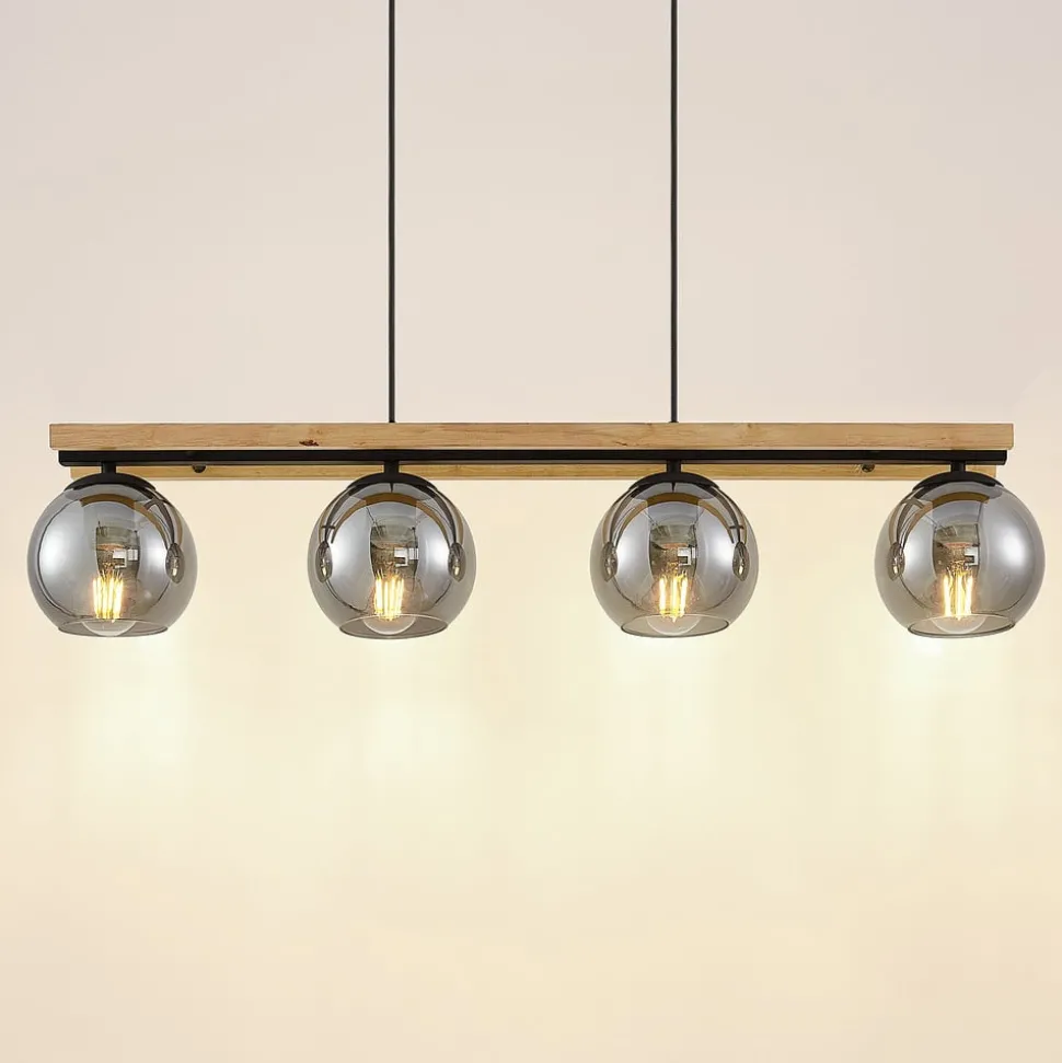 Lindby hanglamp Enrique, smoke, 4-lamps, glas, hout, E27