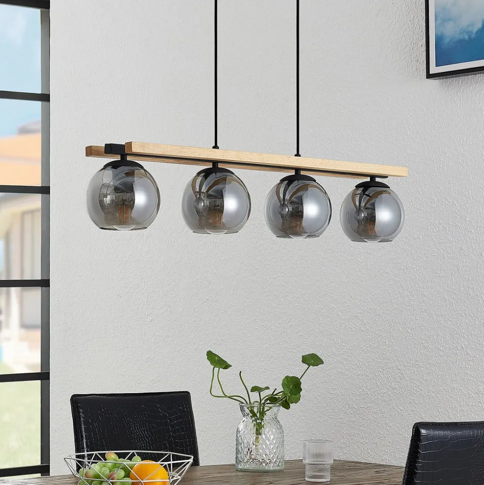 Lindby hanglamp Enrique, smoke, 4-lamps, glas, hout, E27