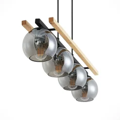 Lindby hanglamp Enrique, smoke, 4-lamps, glas, hout, E27