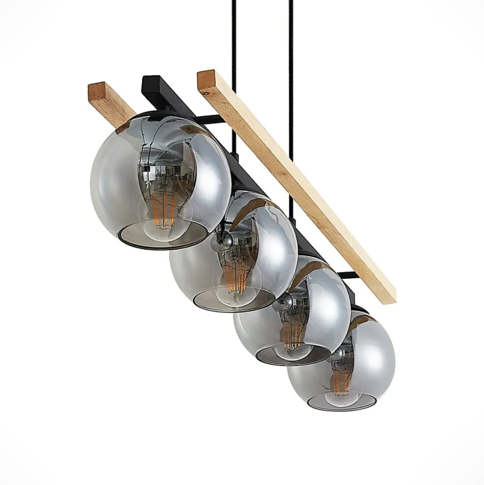Lindby hanglamp Enrique, smoke, 4-lamps, glas, hout, E27
