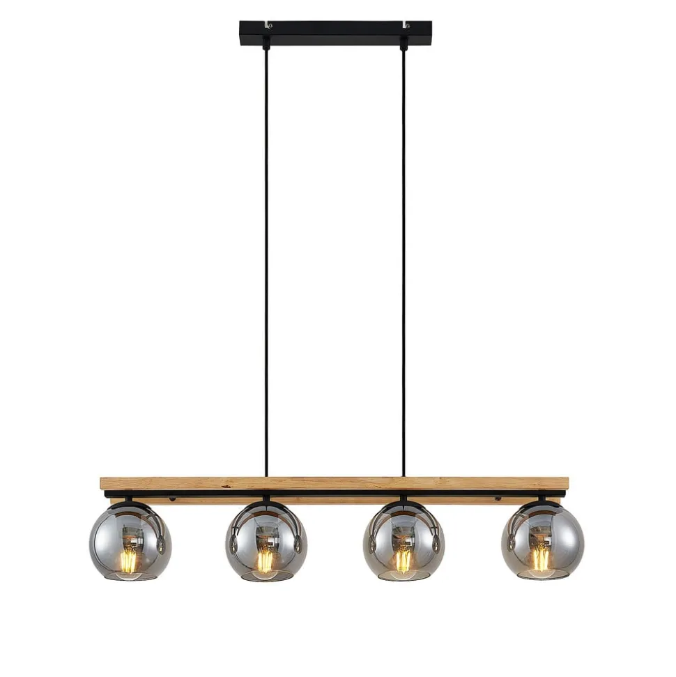 Lindby hanglamp Enrique, smoke, 4-lamps, glas, hout, E27