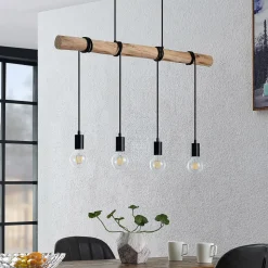 Lindby hanglamp Ferris, 4-lamps, 90cm, hout, E27