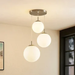 Lindby hanglamp Heleska, wit, glas, 3-lamps, Ø 47cm