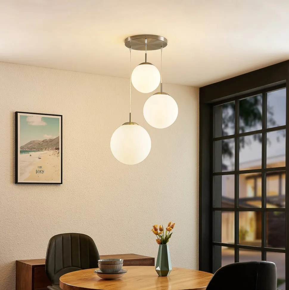 Lindby hanglamp Heleska, wit, glas, 3-lamps, Ø 47cm