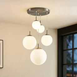 Lindby hanglamp Heleska, wit, glas, 5-lamps, Ø 50 cm