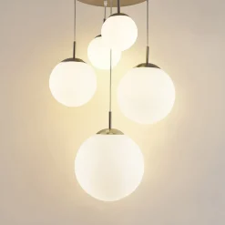 Lindby hanglamp Heleska, wit, glas, 5-lamps, Ø 50 cm