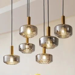 Lindby hanglamp Hildur, 6-lamps, rookgrijs, glas