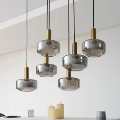 Lindby hanglamp Hildur, 6-lamps, rookgrijs, glas