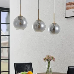 Lindby hanglamp Hiwana, rookgrijs, glas, 3-lamps