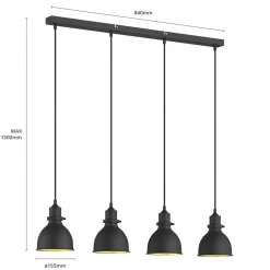 Lindby hanglamp Jasminka, zwart/goud, metaal, 4-lamps.