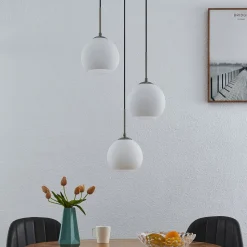 Lindby hanglamp Jurian, Ø 32 cm, 3-lamps, nikkel/opaal, glas