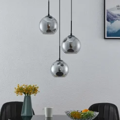 Lindby hanglamp Jurian, 32 cm, 3-lamps, zwart/rook, glas