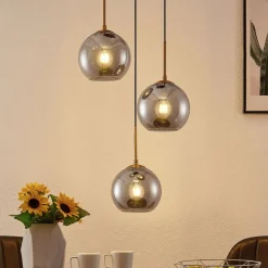 Lindby hanglamp Jurian, 32 cm, 3-lamps, brons, rook, glas