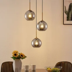 Lindby hanglamp Jurian, 32 cm, 3-lamps, brons, rook, glas