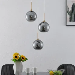 Lindby hanglamp Jurian, 32 cm, 3-lamps, brons, rook, glas