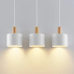 Lindby hanglamp Kadir, 73 cm, 3-lamps, wit, hout