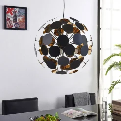 Lindby hanglamp Kinan, Ø 54 cm, zwart, goud, metaal