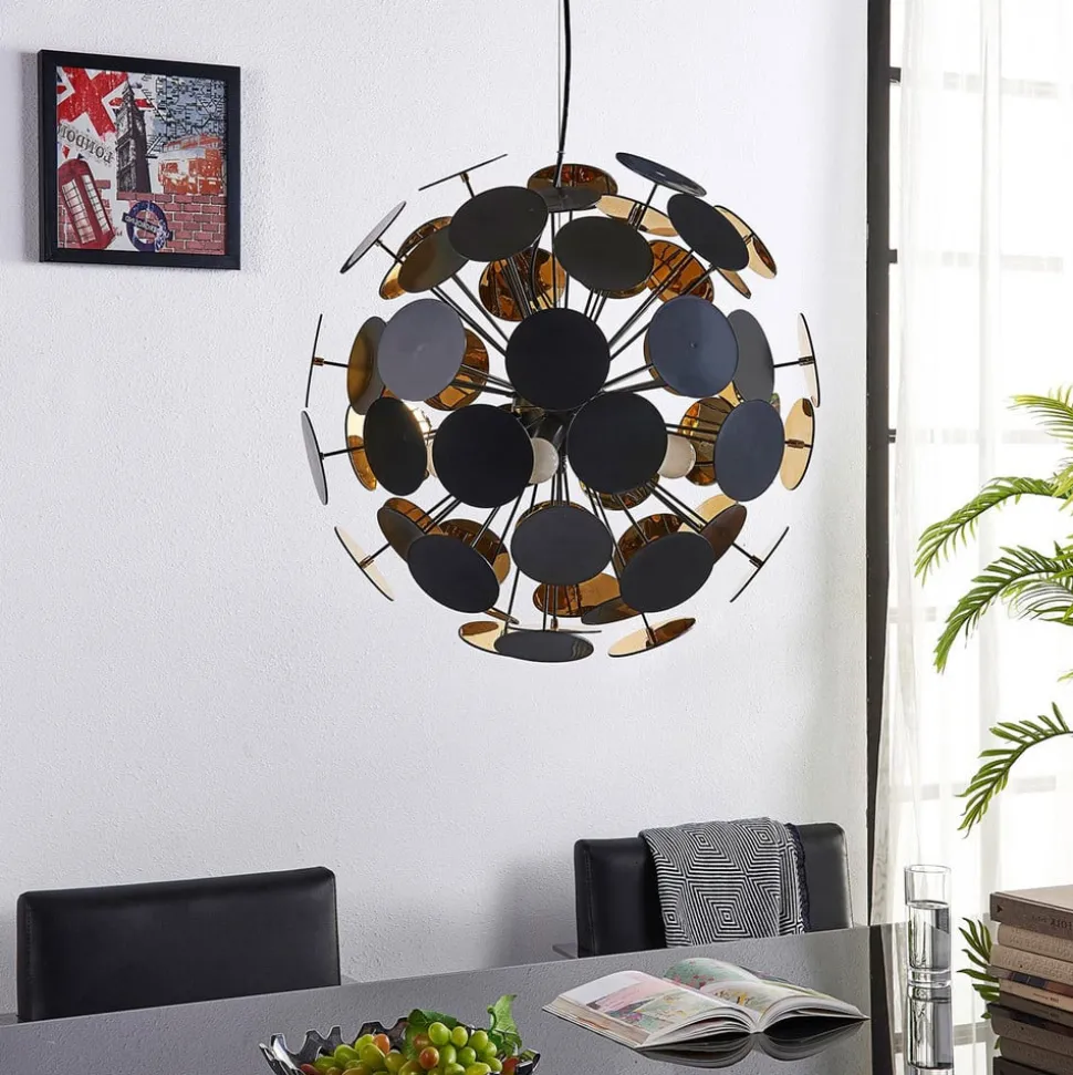 Lindby hanglamp Kinan, Ø 54 cm, zwart, goud, metaal