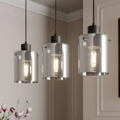 Lindby hanglamp Kourtney, 3-lamps, zwart/grijs, glas, E27