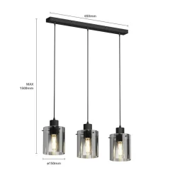 Lindby hanglamp Kourtney, 3-lamps, zwart/grijs, glas, E27