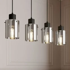 Lindby hanglamp Kourtney, 4-lamps, zwart/grijs, glas, E27