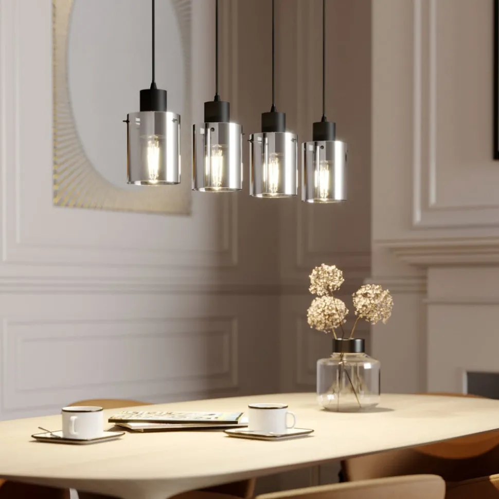 Lindby hanglamp Kourtney, 4-lamps, zwart/grijs, glas, E27