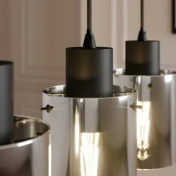 Lindby hanglamp Kourtney, 4-lamps, zwart/grijs, glas, E27