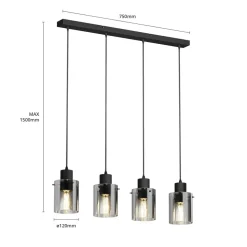 Lindby hanglamp Kourtney, 4-lamps, zwart/grijs, glas, E27