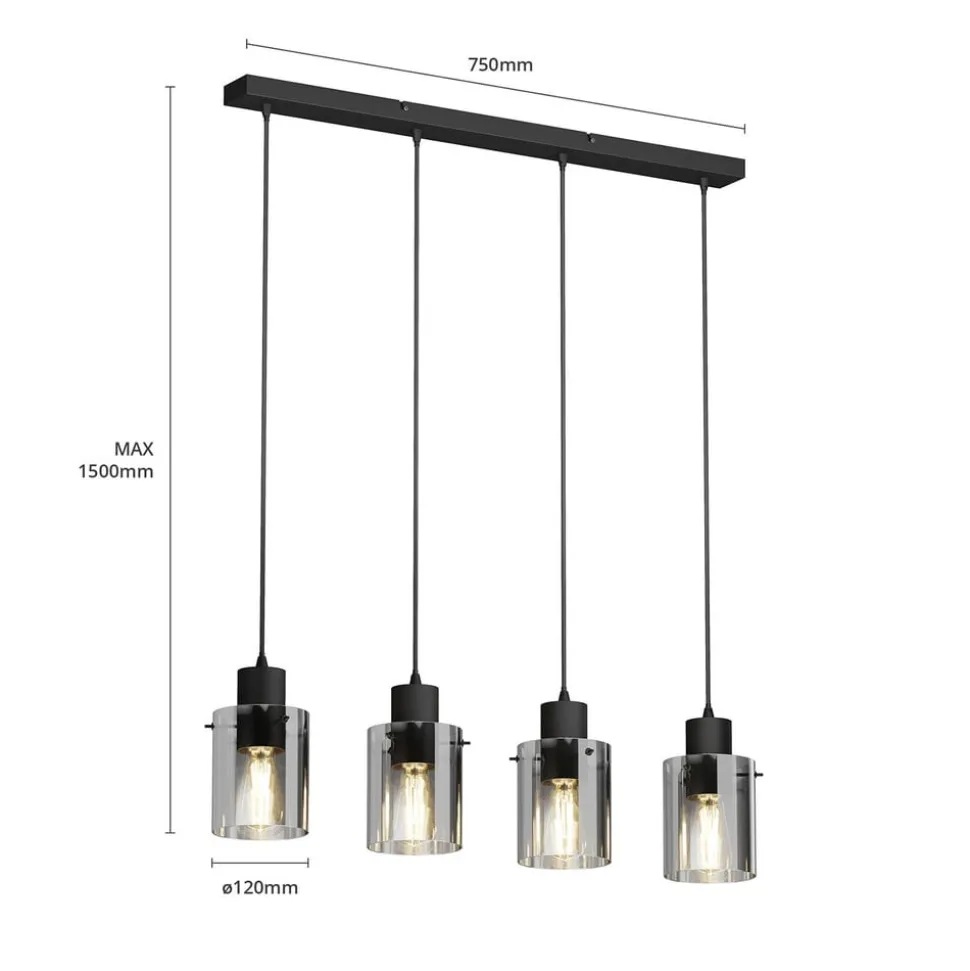 Lindby hanglamp Kourtney, 4-lamps, zwart/grijs, glas, E27