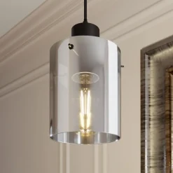 Lindby hanglamp Kourtney, Ø 15 cm, zwart/grijs, glas, E27