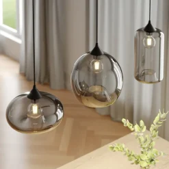 Lindby hanglamp Marla, 3-lamps, glas, rookgrijs, 102cm