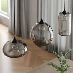 Lindby hanglamp Marla, 3-lamps, glas, rookgrijs, 102cm