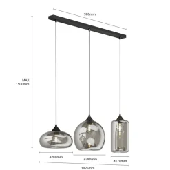 Lindby hanglamp Marla, 3-lamps, glas, rookgrijs, 102cm
