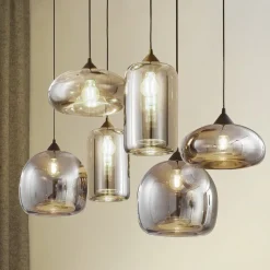 Lindby hanglamp Marla, 6-lamps, glas, rookgrijs, 108cm