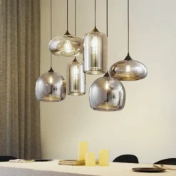 Lindby hanglamp Marla, 6-lamps, glas, rookgrijs, 108cm