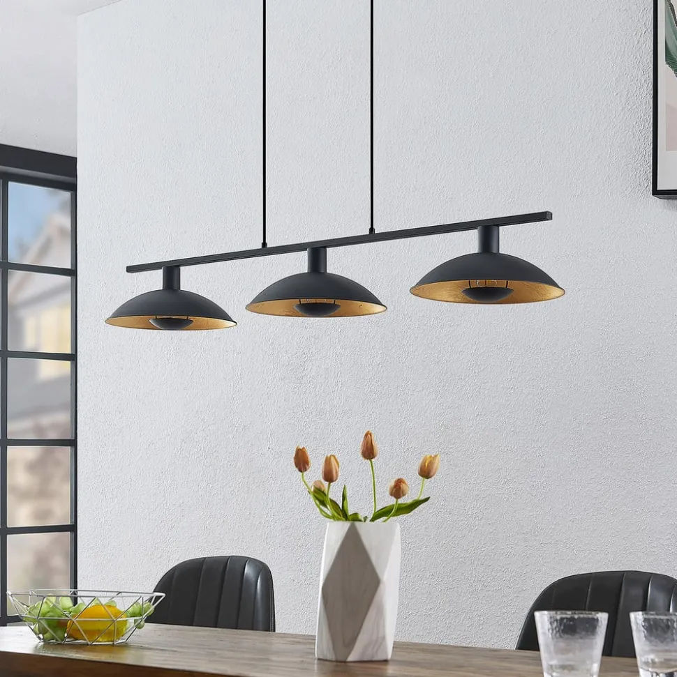Lindby hanglamp Narisara, 118cm, E14, 3-lamps, zwart-goud