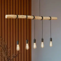 Lindby hanglamp Rom, 5-lamps, hout, touw, zwart, 116 cm