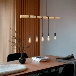 Lindby hanglamp Rom, 5-lamps, hout, touw, zwart, 116 cm