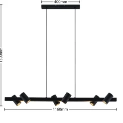 Lindby hanglamp Savoli, 116 cm, zwart, 6-lamps, staal