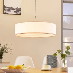 Lindby hanglamp Sebatin, Ø 50 cm, wit, stof, E27