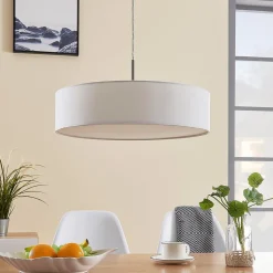 Lindby hanglamp Sebatin, Ø 50 cm, wit, stof, E27