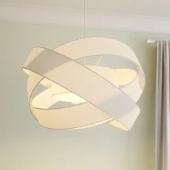 Lindby hanglamp Simaria, wit, textiel, Ø 60 cm, E27