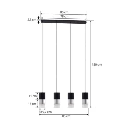 Lindby hanglamp Svante, 4-lamps, zwart, glas, 85 cm