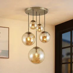 Lindby hanglamp Teeja, amber, 5-lamps, Ø50cm, glas, E27