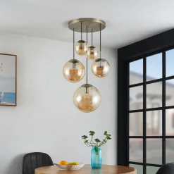 Lindby hanglamp Teeja, amber, 5-lamps, Ø50cm, glas, E27