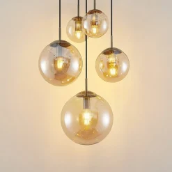 Lindby hanglamp Teeja, amber, 5-lamps, Ø50cm, glas, E27