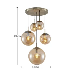 Lindby hanglamp Teeja, amber, 5-lamps, Ø50cm, glas, E27