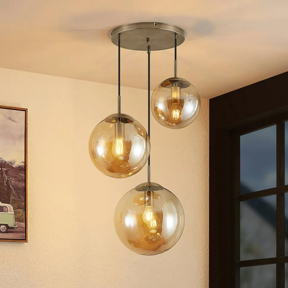 Lindby hanglamp Teeja, amber, 3-lamps, Ø52cm, glas, E27