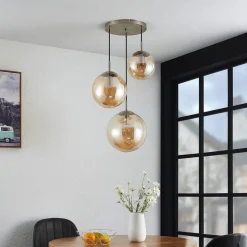 Lindby hanglamp Teeja, amber, 3-lamps, Ø52cm, glas, E27